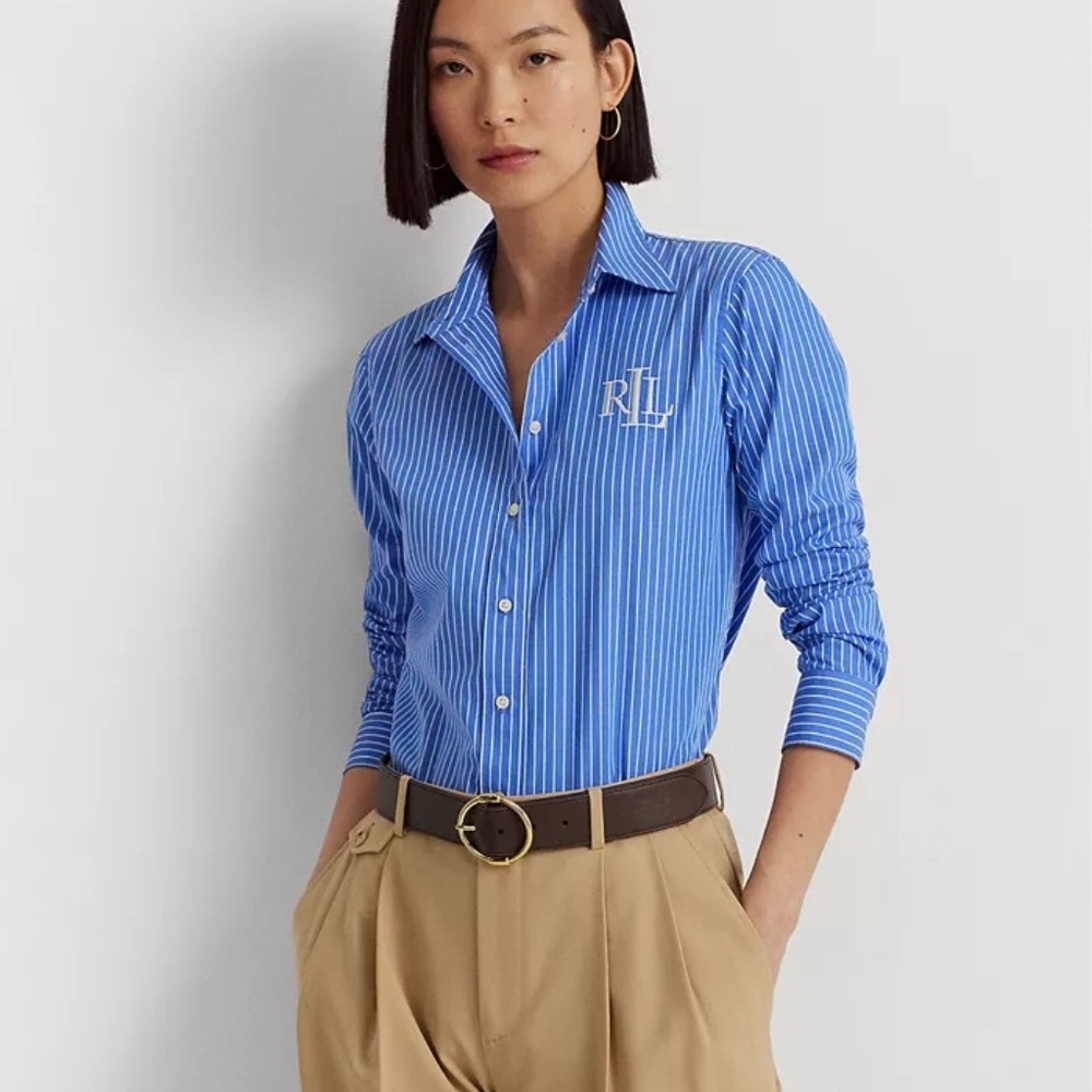 Lauren Ralph Lauren Blue and White Striped Cotton Broadcloth Shirt Large